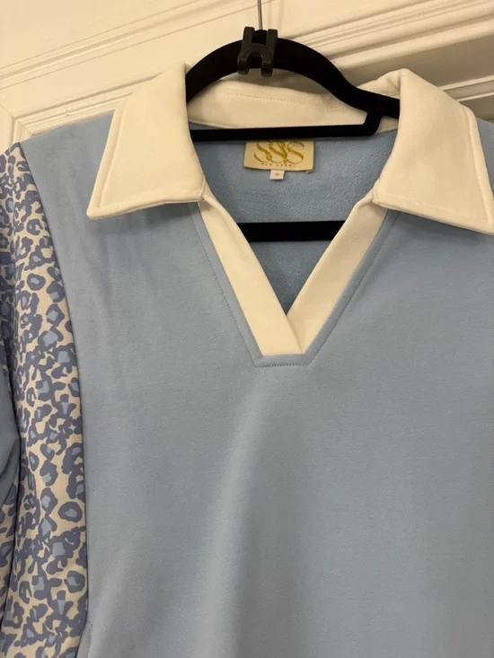 Light Blue Collared Pullover with Leopard Panel - Picture 2 of 5